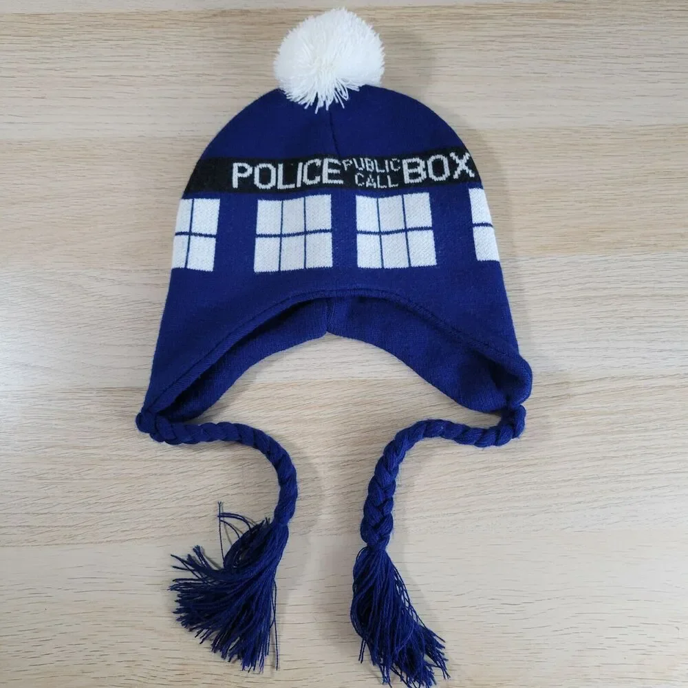 Doctor Who BBC Tardis Hat Laplander Knit Winter Hanging Tassels Police Box Pom